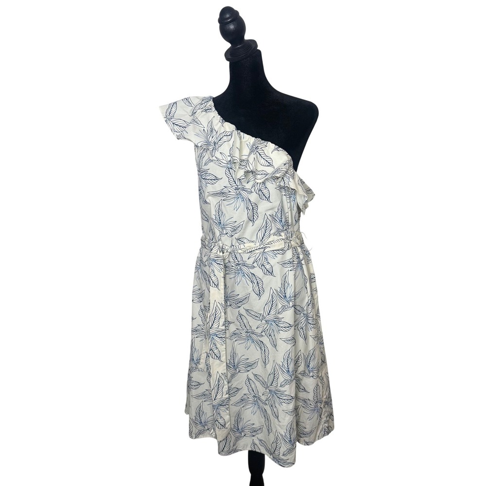 Banana Republic Tropical Leaf Print One Shoulder Belted Dress Womens M Blue